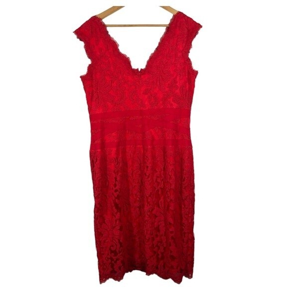 Tadashi Shoji Pink Lace Overlay Sleeveless Dress Ribbon Waist Fit & Flare S 16 - Picture 5 of 11